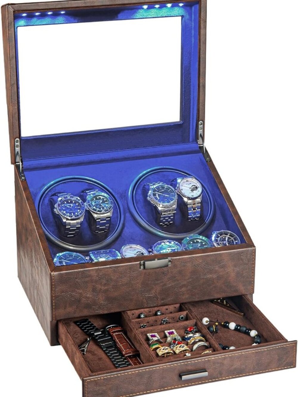 4 Watch Winder & 6 Storage Compartments with Jewelry Drawer - Luxury Organizer